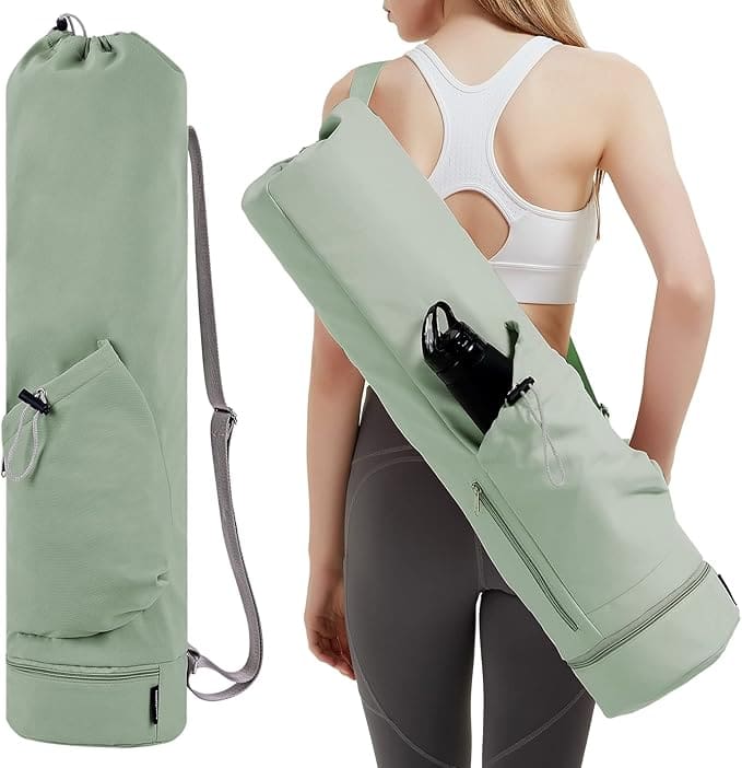 lady backpacking a yoga mat with water bottle pocket