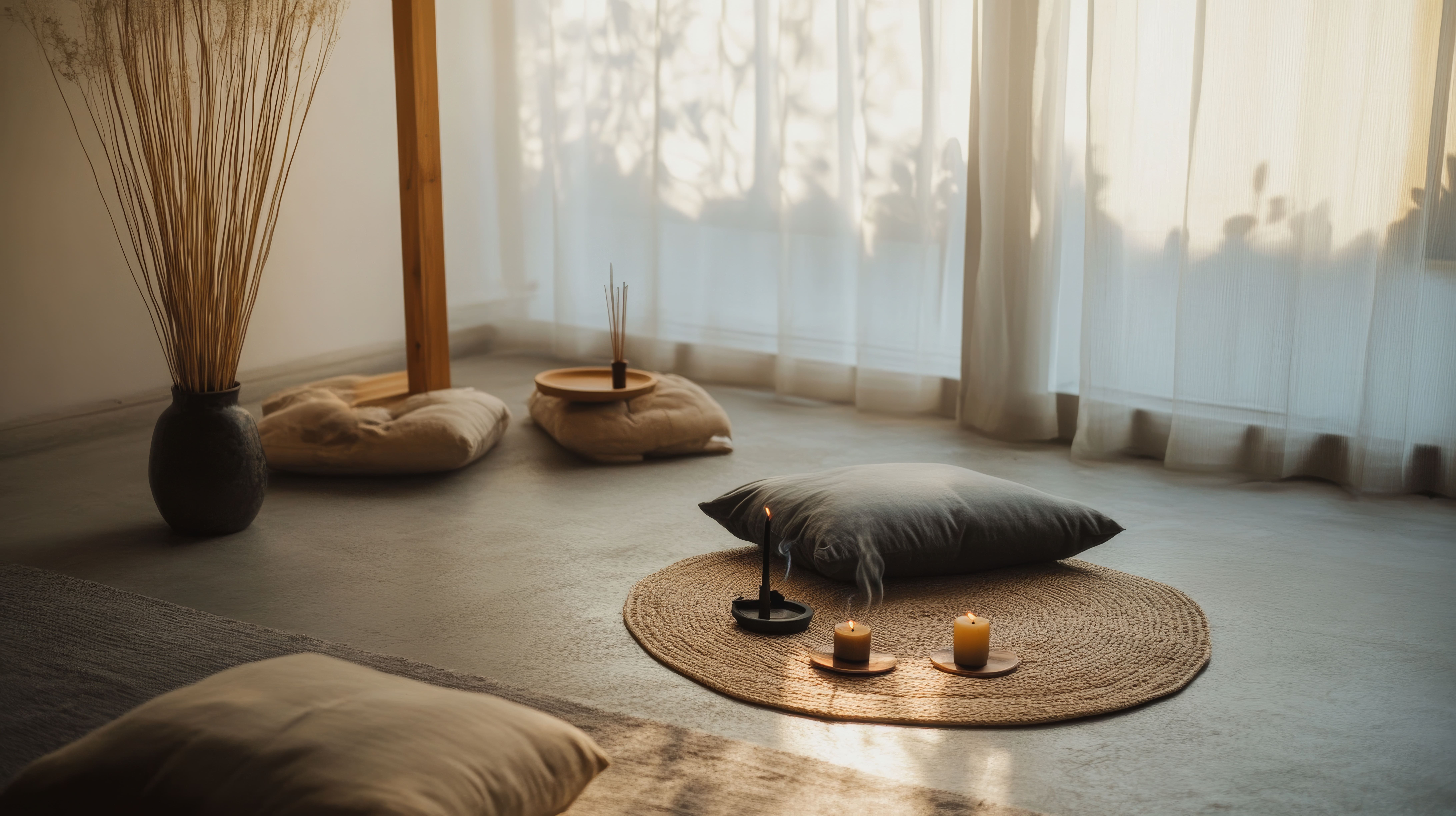 A peaceful home meditation room with cushions and incense.