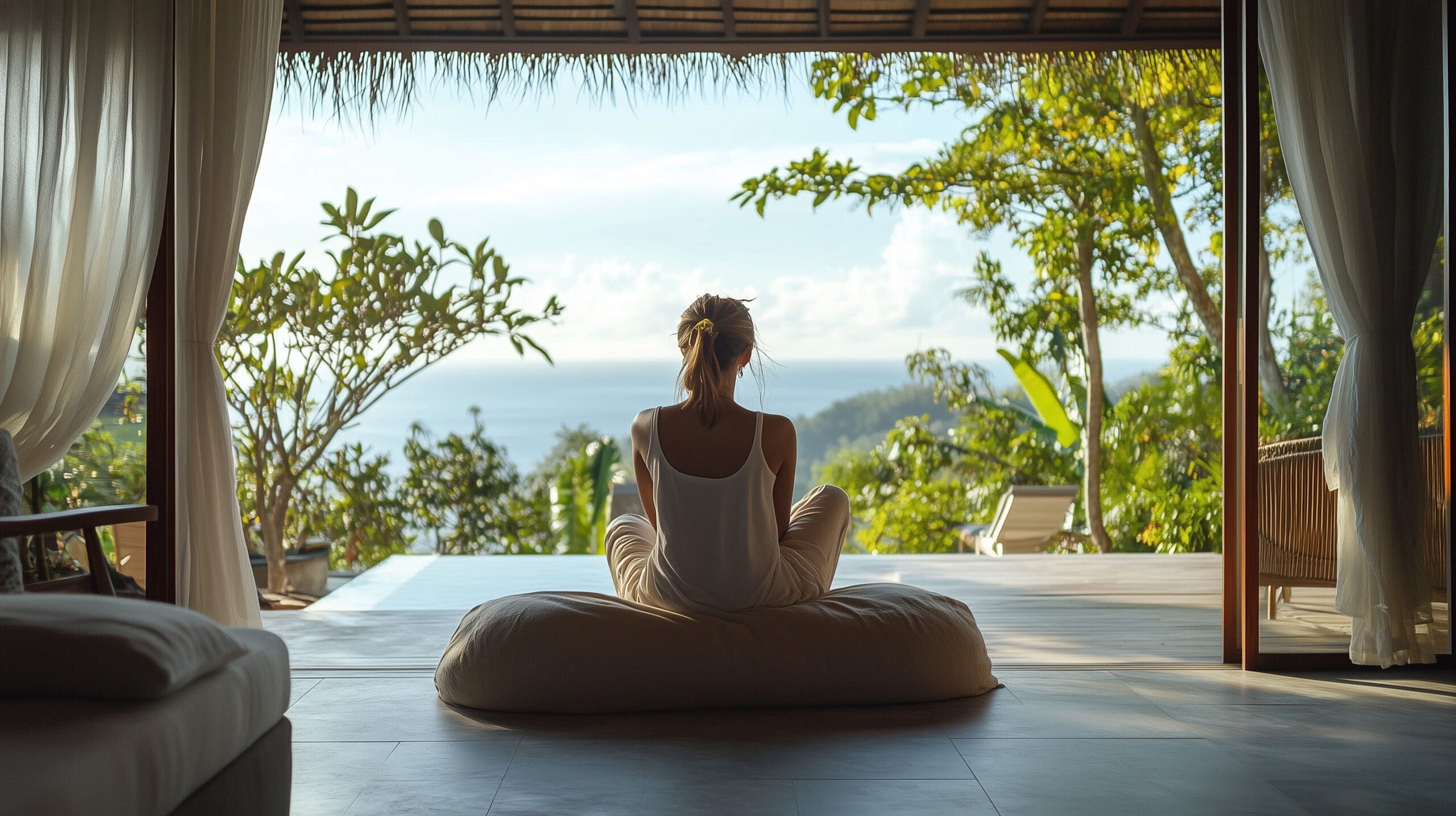 A woman meditates peacefully on a cushion in a serene, open-air setting surrounded by lush greenery and an ocean view.
